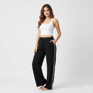 Elie Tahari Wide Leg Track Pants Black White Side Stripe Size Large Professional